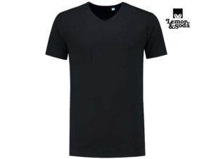 Lemon & Soda-LEM1135-Fine Cotton Elastane V-neck T-shirt_Black-extra longer length-Voorkant