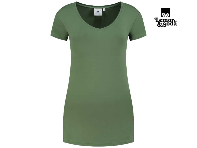 Lemon & Soda-LEM1262-Cotton Elastane Vneck T-shirt for her-Army Green-Voorkant