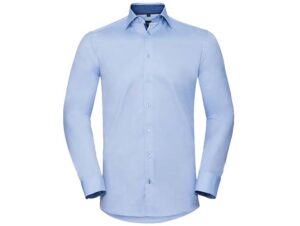 Russell Collection-964M-Men's LSL Tailored Contrast Herringbone Shirt_Light Blue-Voorkant