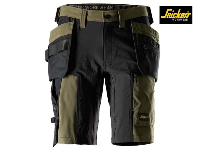 Snickers-6118-AllroundWork, Stretch Werkshorts met holsterzakken_3104-Khaki Green:Black-Voorkant