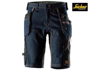Snickers-6155-FlexiWork, Denim Werkshorts met Holsterzakken_6504-Denim:Black-Voorkant