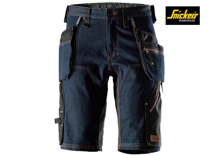 Snickers-6155-FlexiWork, Denim Werkshorts met Holsterzakken_6504-Denim:Black-Voorkant