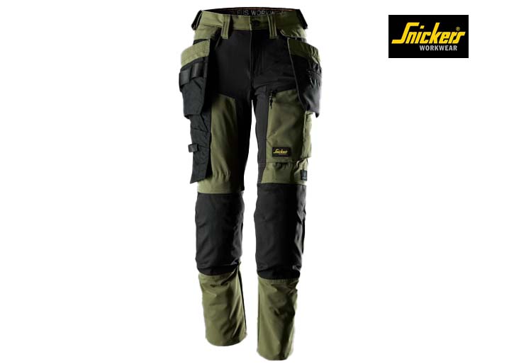 Snickers-6217-AllroundWork Dames Stretch Werkbroek met Afneembare Holsterzakken_3104-Khaki Green:Black-Voorkant